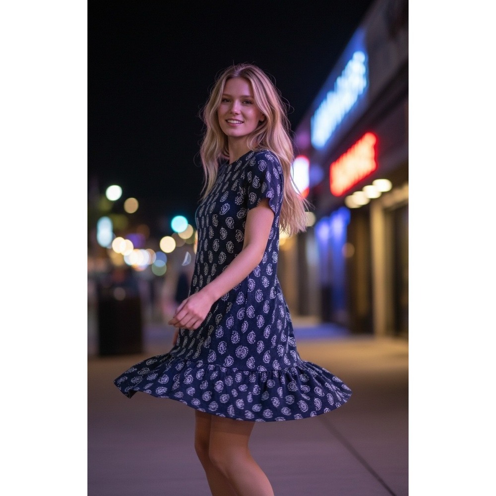 J. Jill Paisley Ruffle Hem Dress Womens‎ Medium Petite Navy Blue Knit Shift Boho